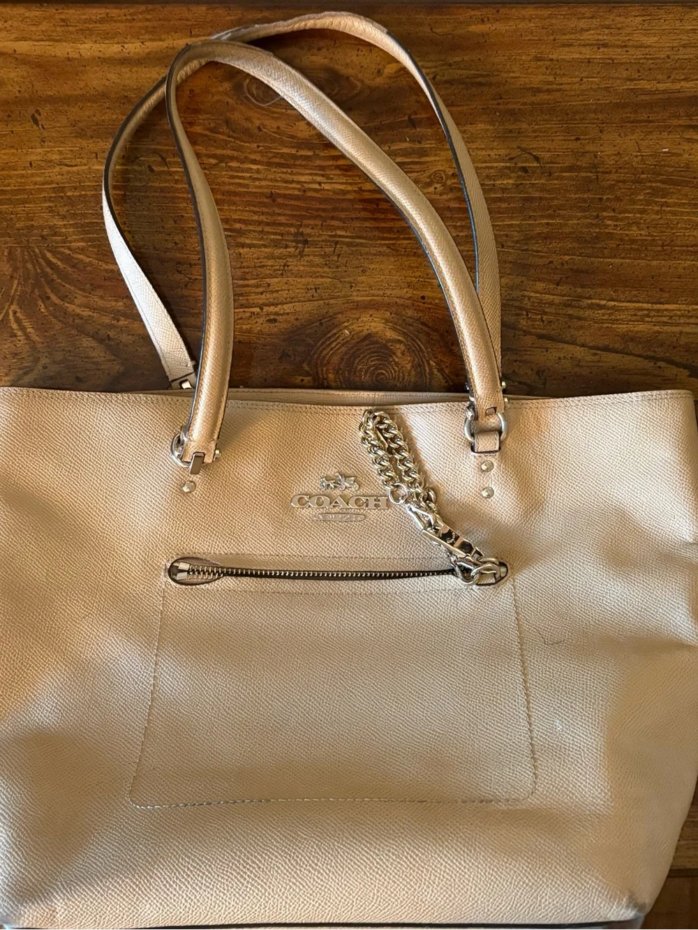 Coach Tan Leather Tote with Gold Chain Accent